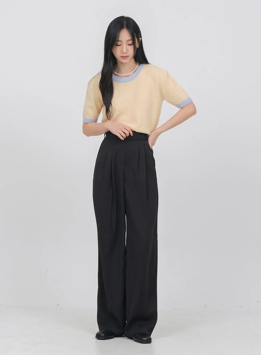 Side Double Button Wide Leg Tailored Pants OA08