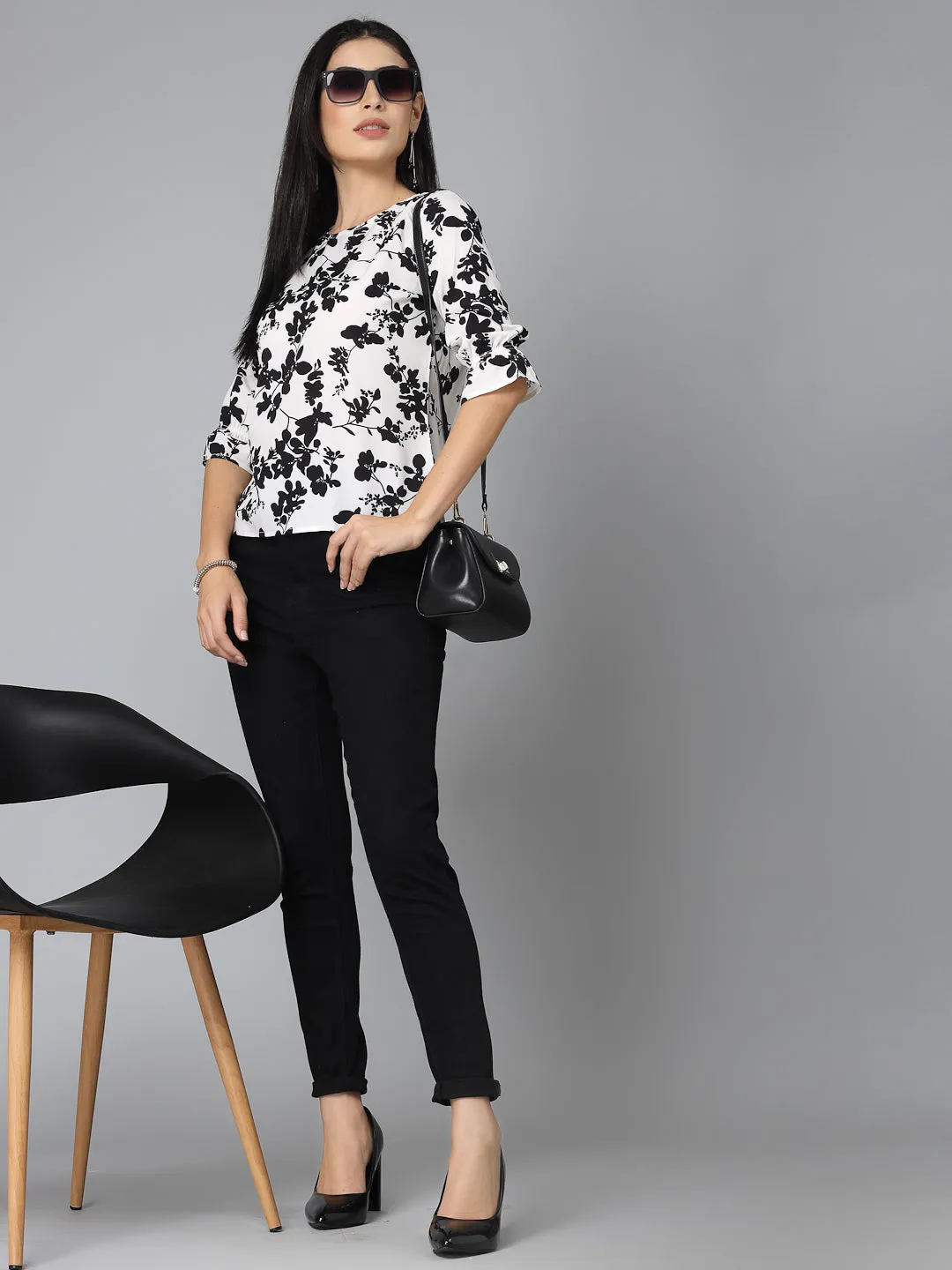 Style Quotient Women Black And White Floral Regular Smart Casual Top