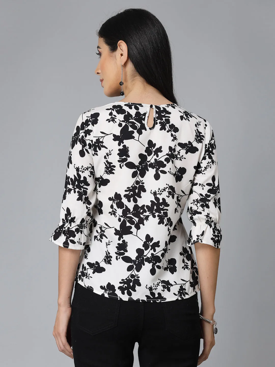 Style Quotient Women Black And White Floral Regular Smart Casual Top