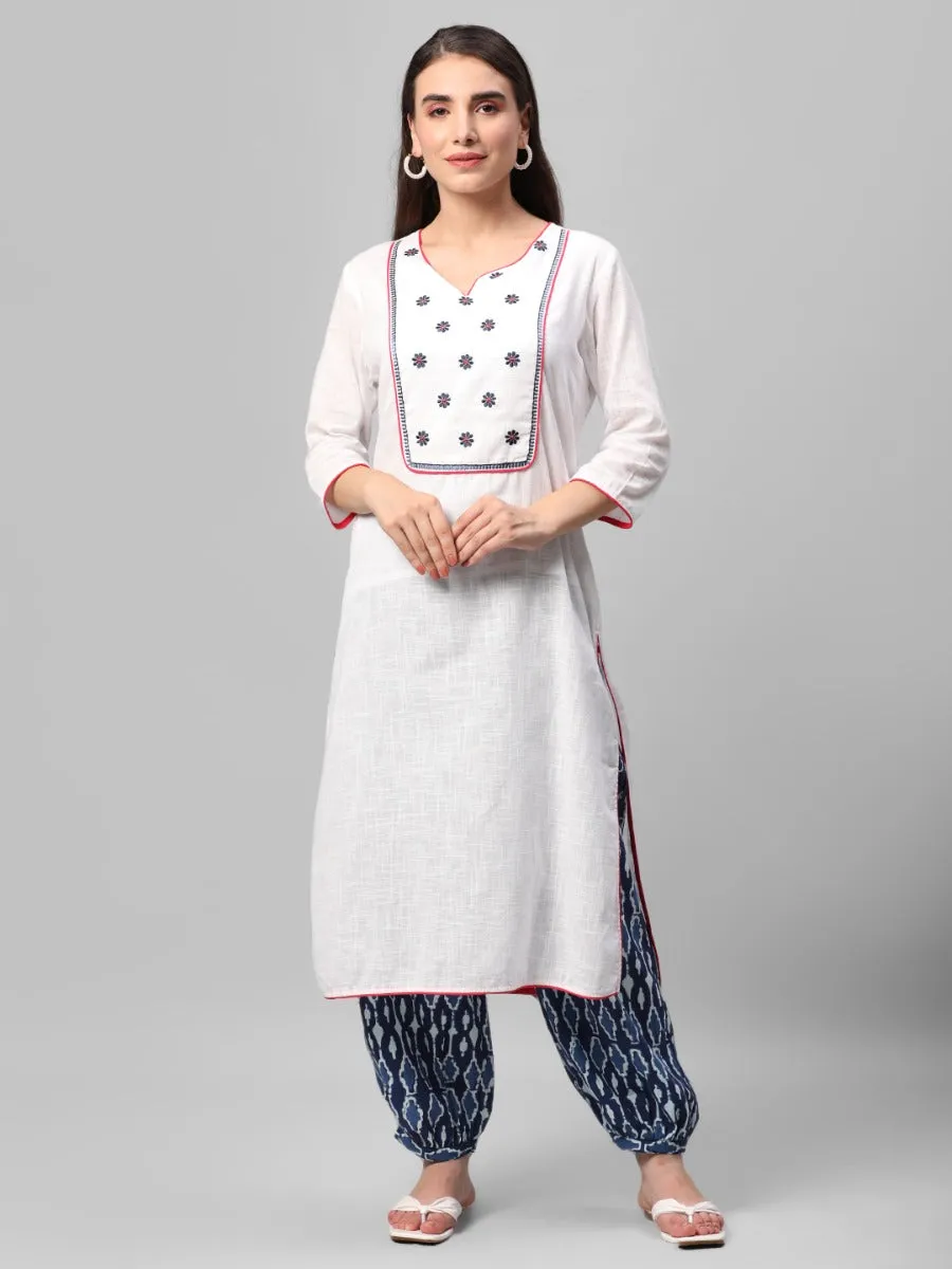 White & Indigo Embroidered Kurta Harem Pant Dupatta