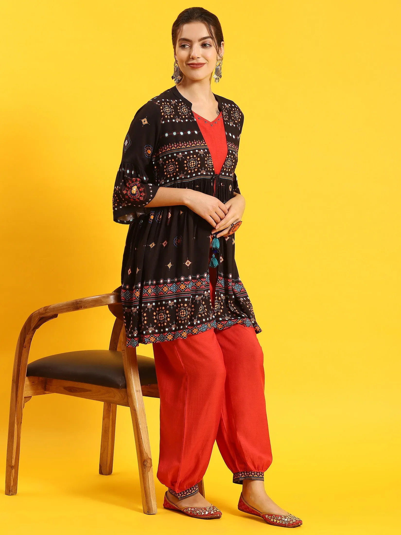 Women Black Printed Kurta Jacket Harem Pant