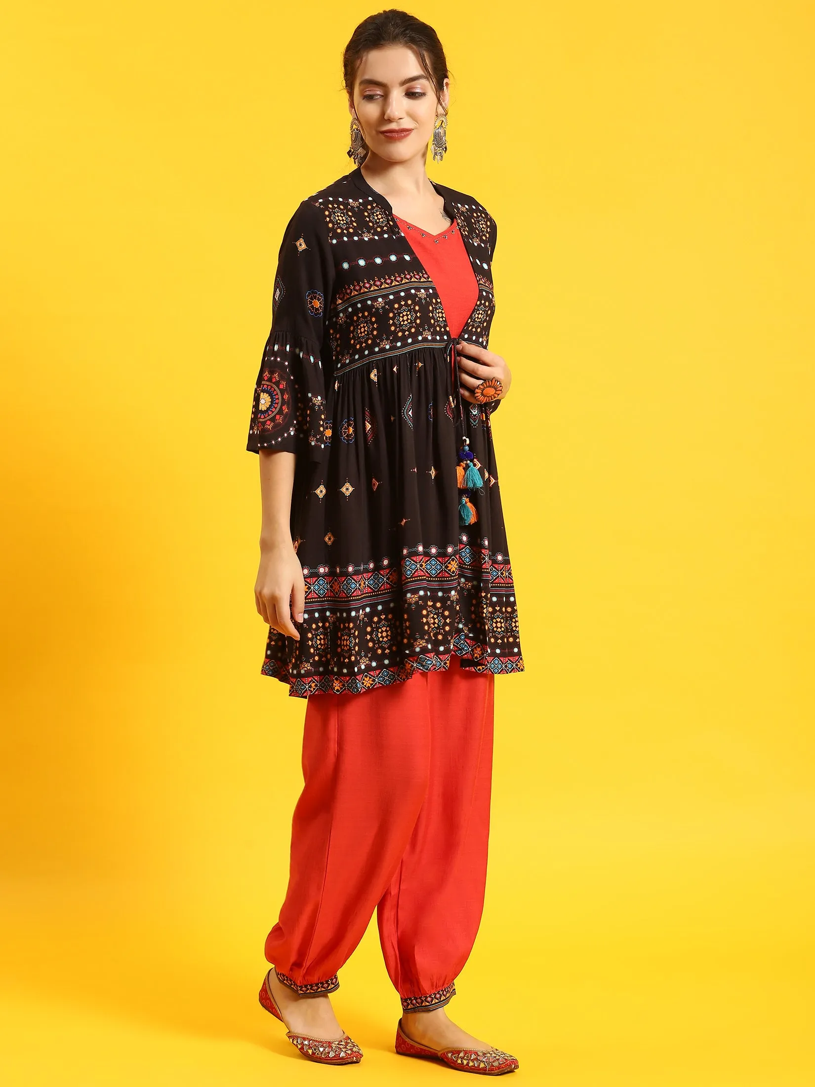 Women Black Printed Kurta Jacket Harem Pant