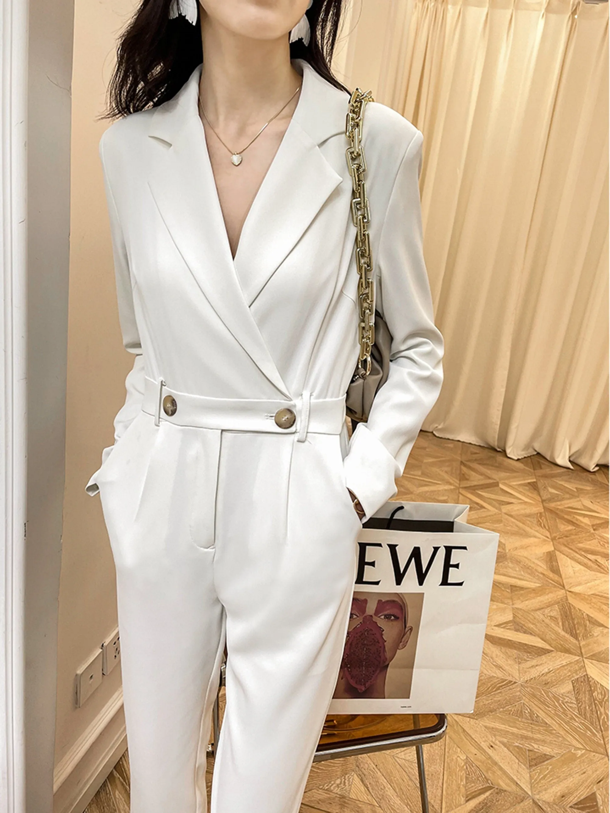 Women White Jumpsuit,straight cropped trousers jumpsuit,formal jumpsuit,Long Sleeve Blazer Pants Sets,Office Lady Suits,Wedding-Guest wear