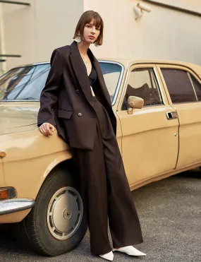 Women Wool Blazer Pants Sets,Black Woolen Suit Sets,Two Piece Sets,Double Breasted Blazer Wide Leg Pants Suit,Women Office Set,Women suits